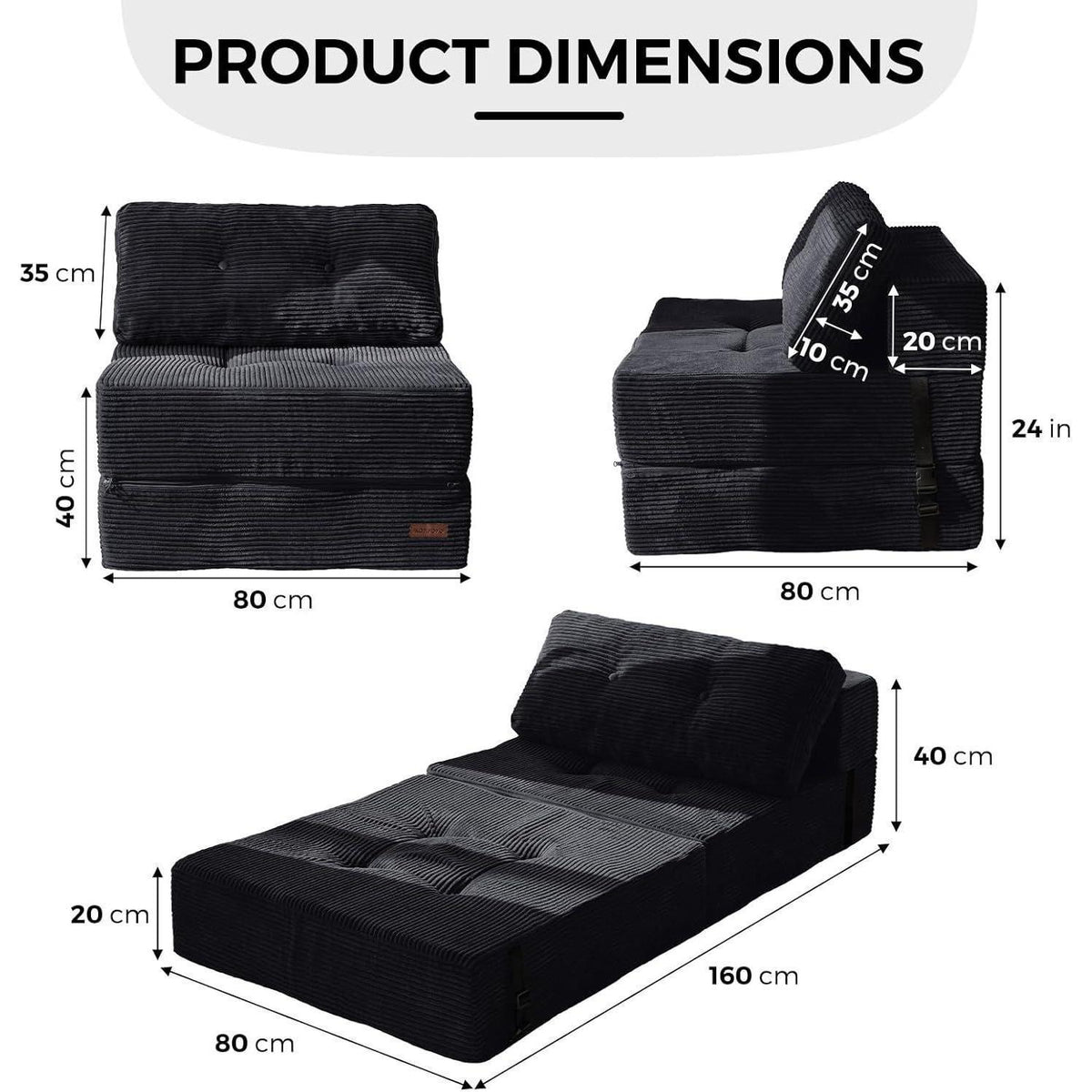 Klappsofa mit Schlaffunktion – Vielseitiges Bodensofa Schwarz