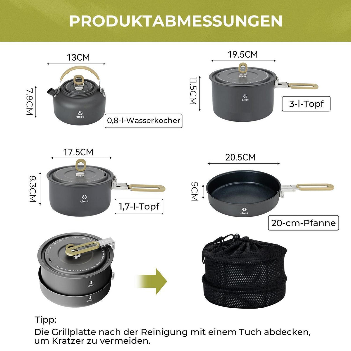 Camping Kochset Antihaft 3L+1.7L+0.8L + Bratpfanne