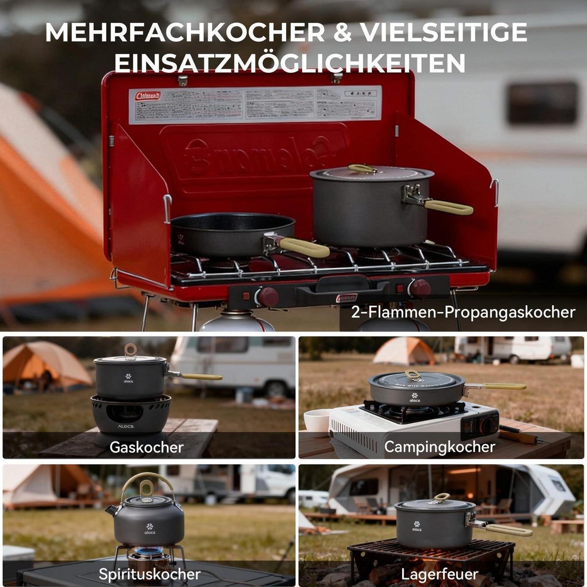 Camping Kochset Antihaft 3L+1.7L+0.8L + Bratpfanne