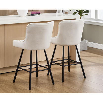 Barhocker 2er Set mit Chenille, Rückenlehne & Fußstütze - Weiß