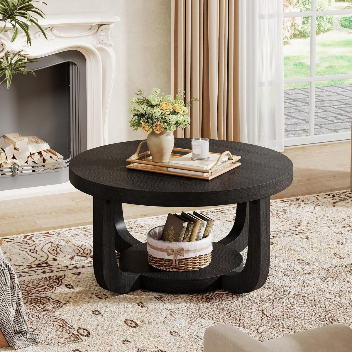 Runder Couchtisch mit Stauraum – Zweistufiger Beistelltisch Holz Schwarz