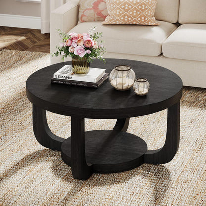 Runder Couchtisch mit Stauraum – Zweistufiger Beistelltisch Holz Schwarz