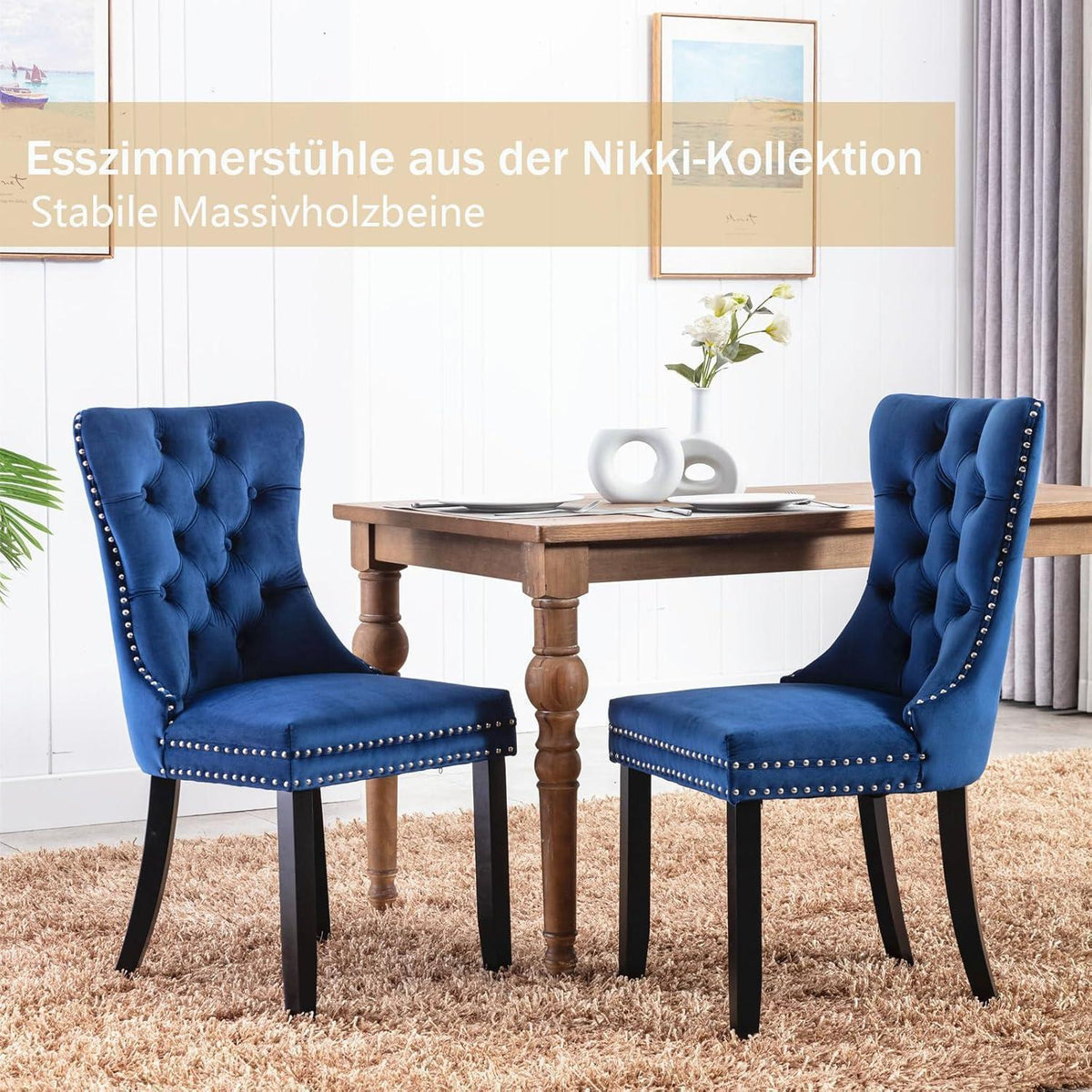 8x Samt Esszimmerstühle mit Massivholzbeinen, Blau