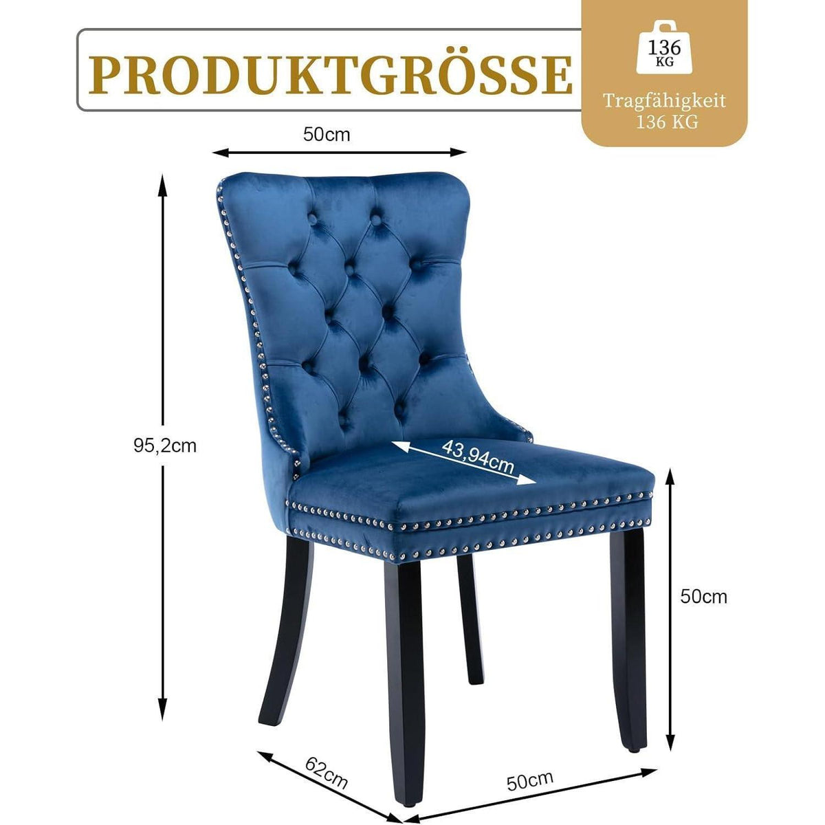 Samt Esszimmerstühle 6er Set mit Massivholzbeinen, Blau