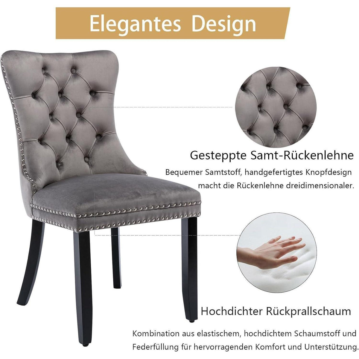 Gepolsterte Esszimmerstühle 2er-Set Grau mit Massivholzbeinen