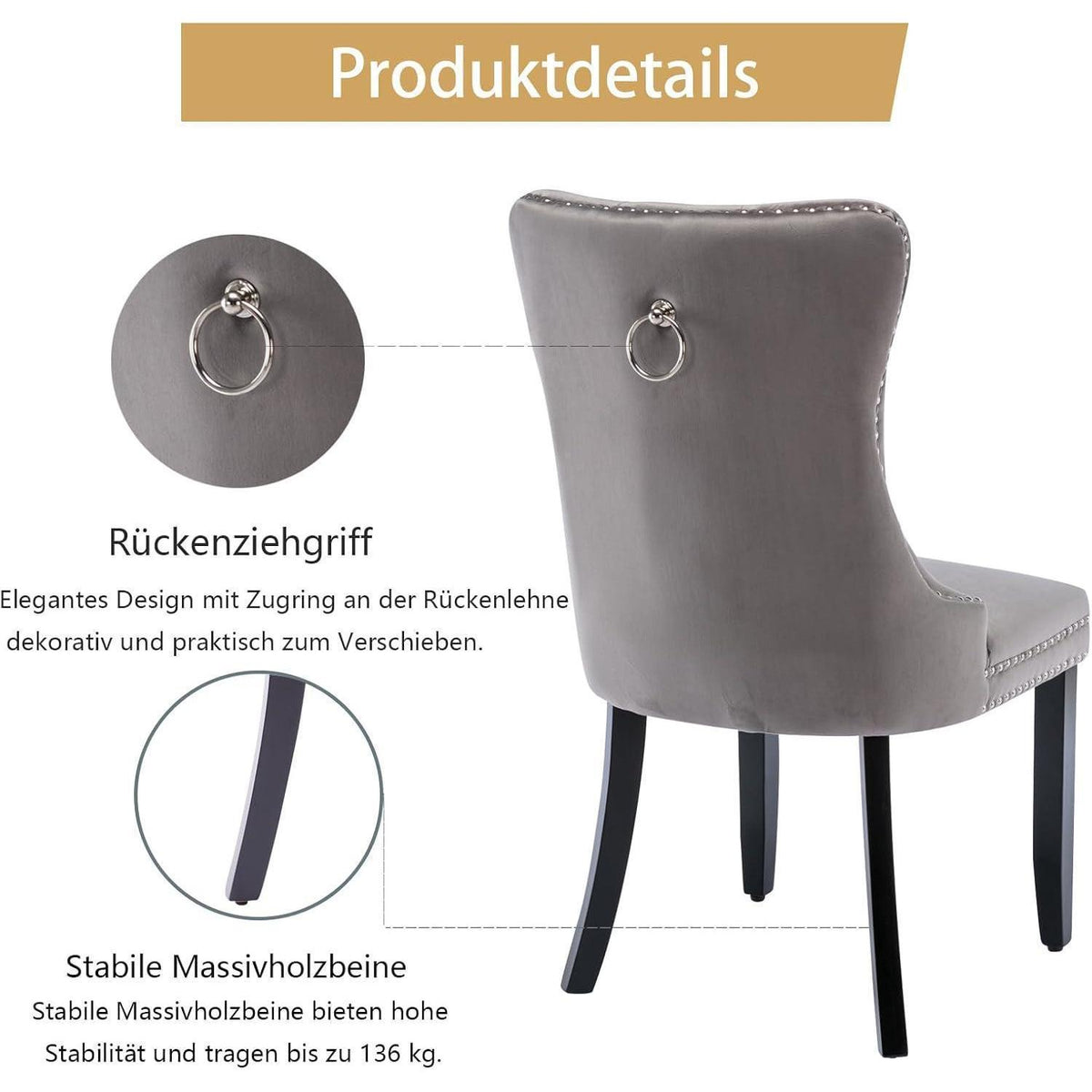 Gepolsterte Esszimmerstühle 2er-Set Grau mit Massivholzbeinen