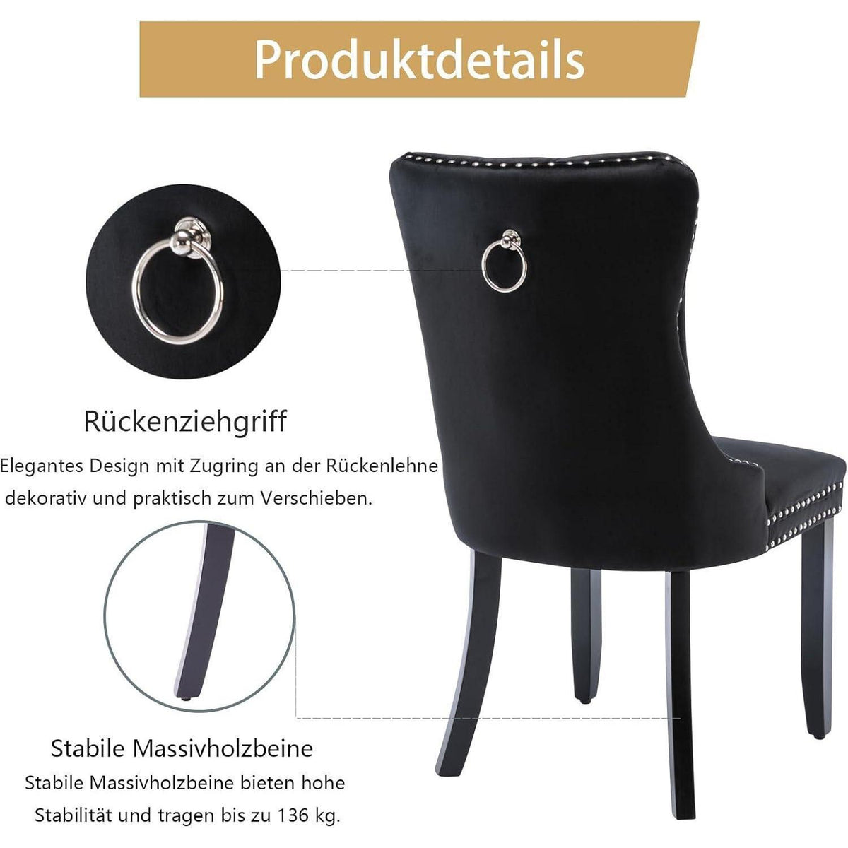Samt Esszimmerstühle 2er Set mit Massivholzbeinen Schwarz