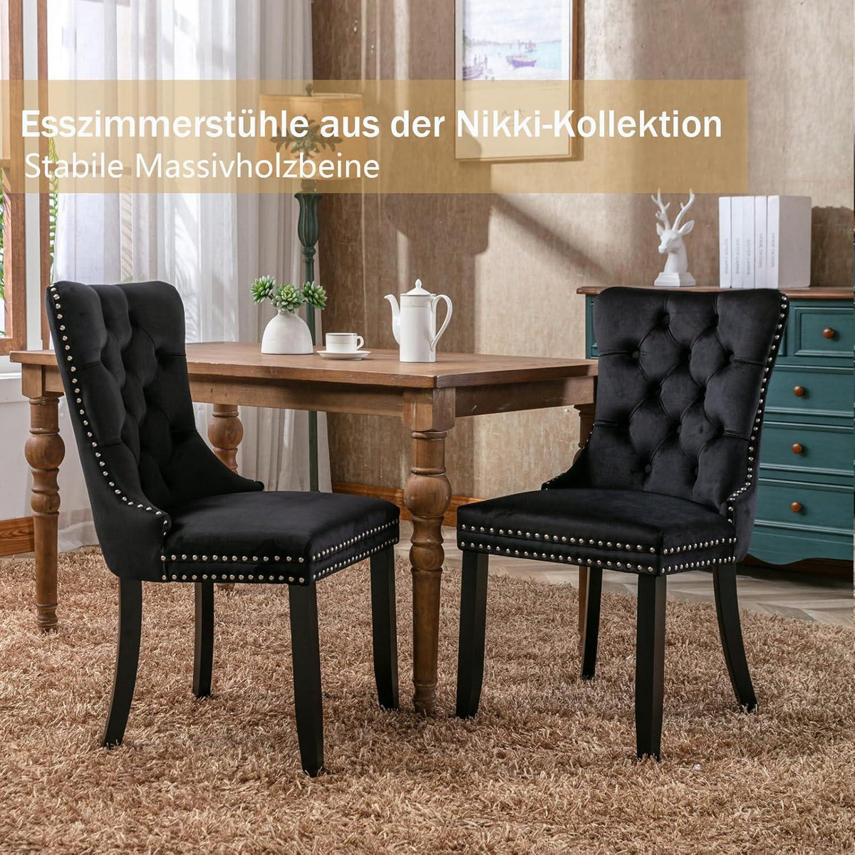 Samt Esszimmerstühle 2er Set mit Massivholzbeinen Schwarz