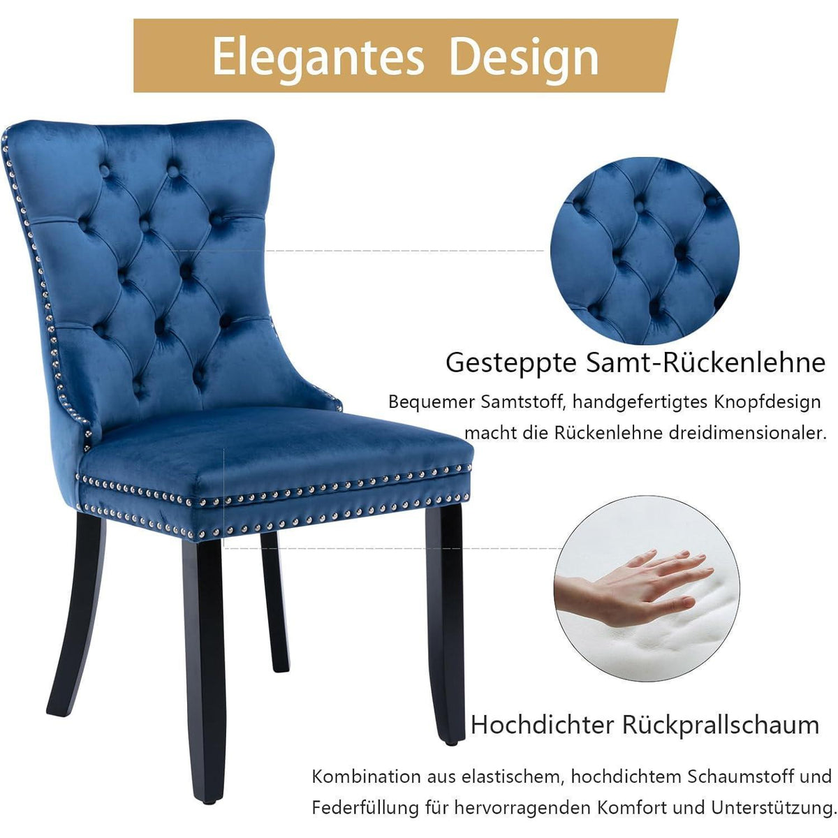 Samt-Esszimmerstühle 2er-Set mit Massivholzbeinen, Blau