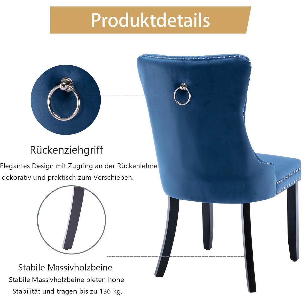 Samt-Esszimmerstühle 2er-Set mit Massivholzbeinen, Blau