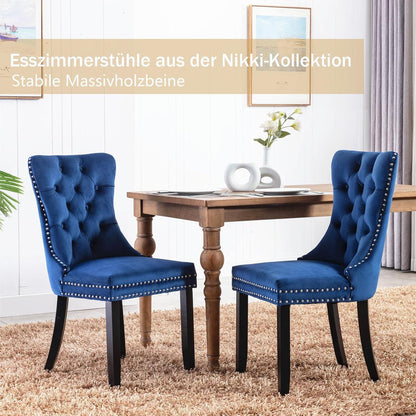 Samt-Esszimmerstühle 2er-Set mit Massivholzbeinen, Blau