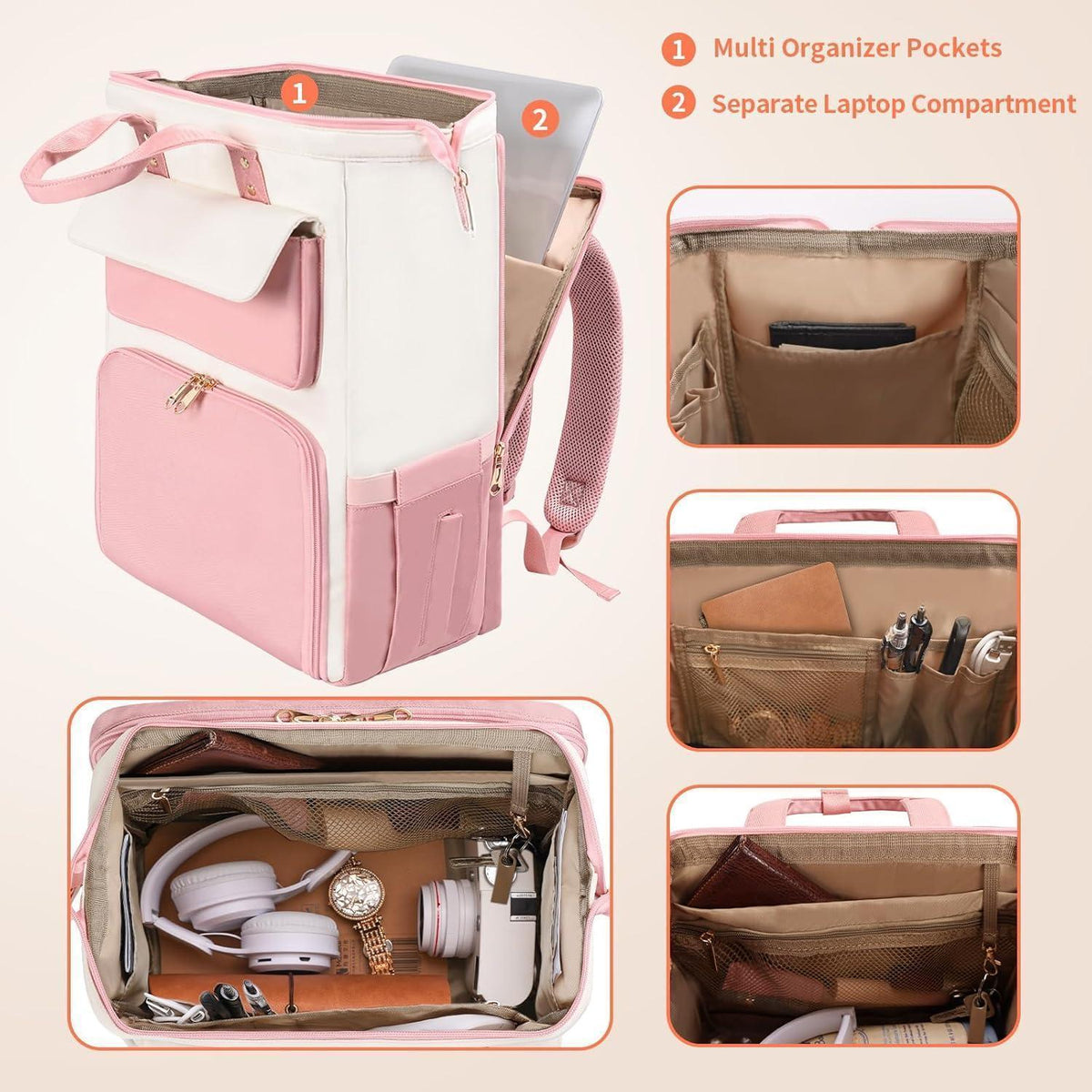 Lunch-Rucksack Damen Rosa-Beige mit Lunchbox & Laptopfach