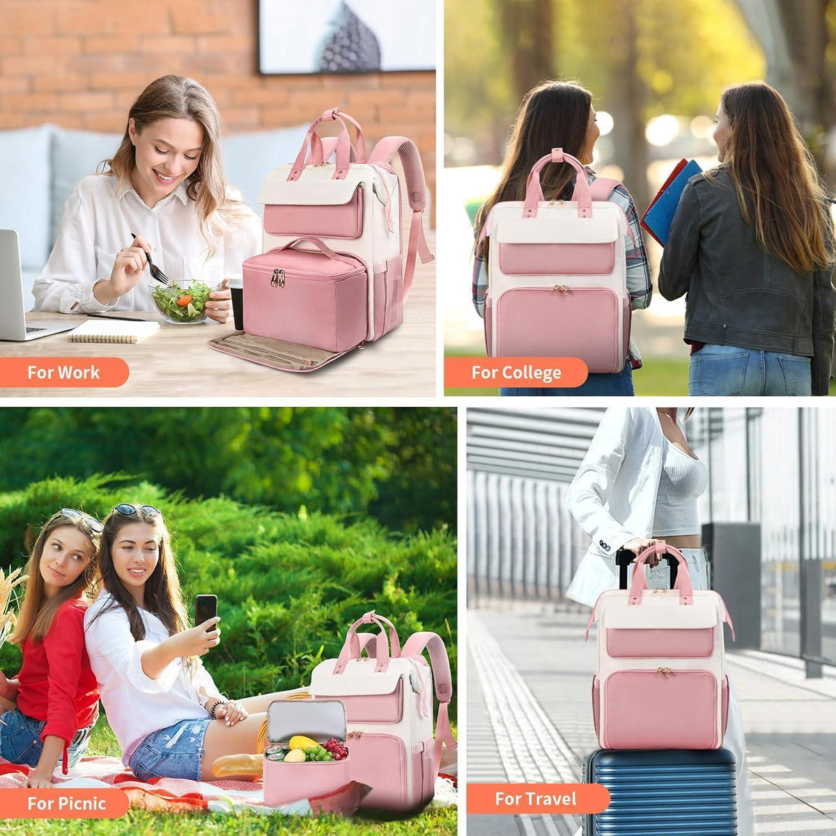 Lunch-Rucksack Damen Rosa-Beige mit Lunchbox & Laptopfach