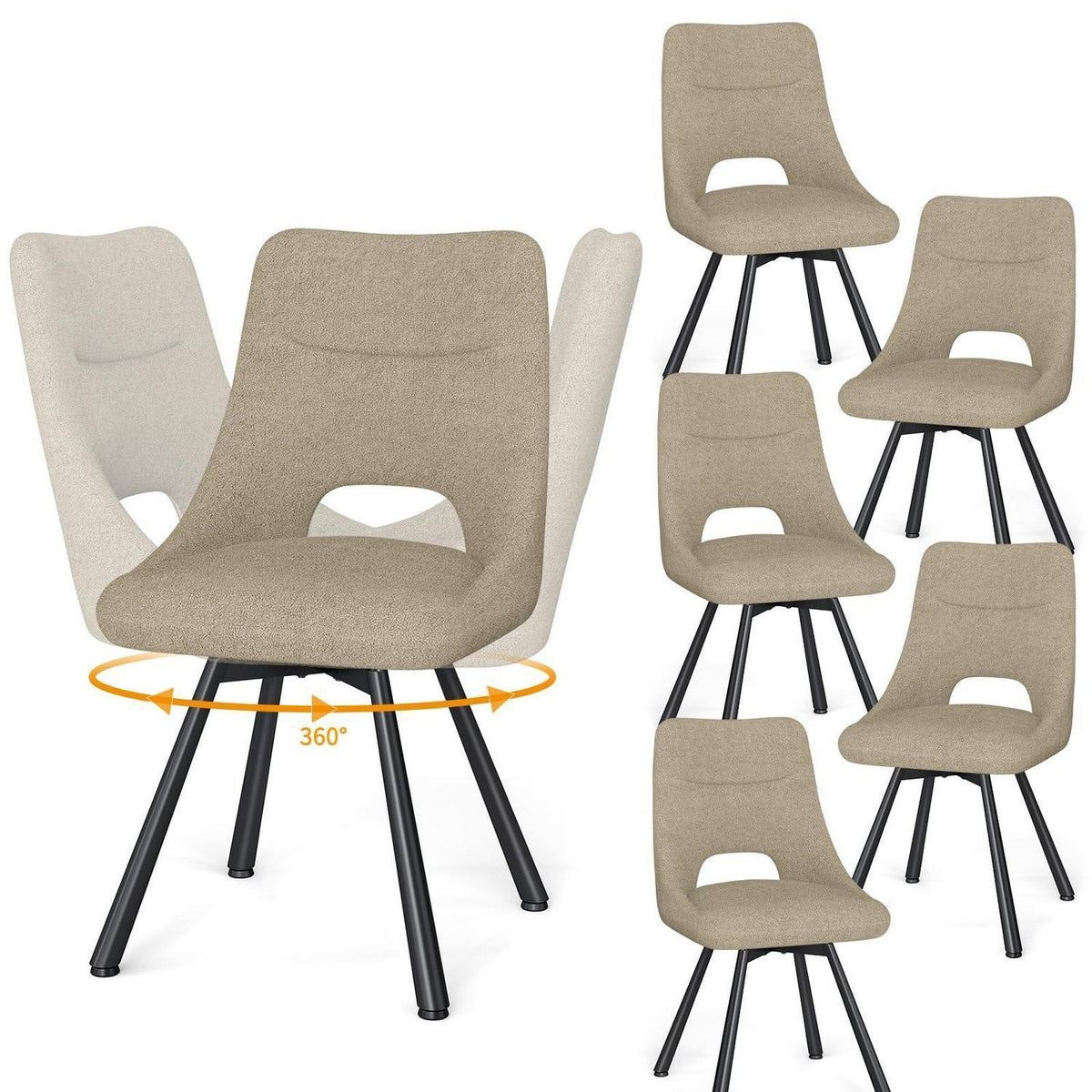 Drehbarer Esszimmerstuhl Set 6, Modern & Gepolstert, Khaki