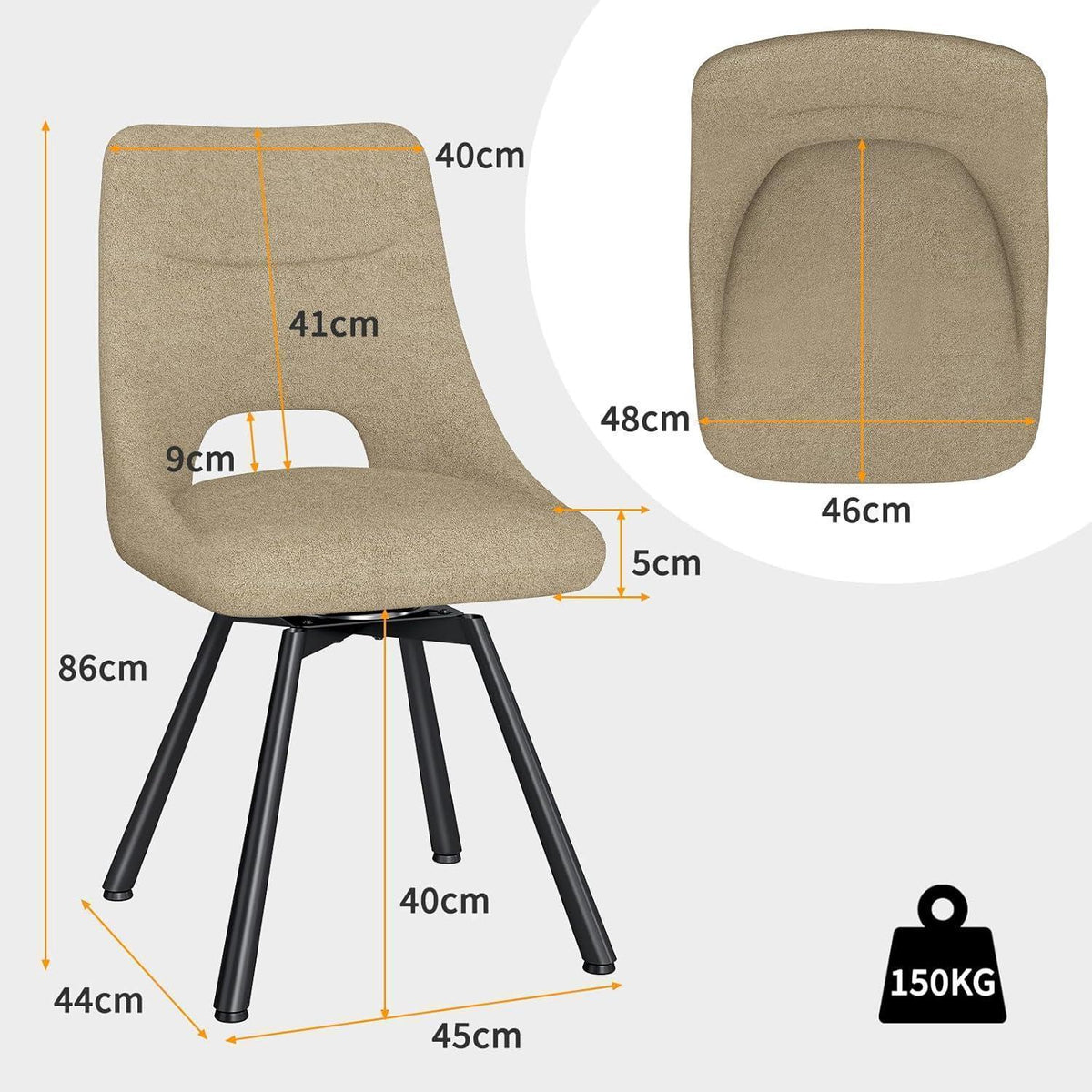 Drehbarer Esszimmerstuhl Set 6, Modern & Gepolstert, Khaki
