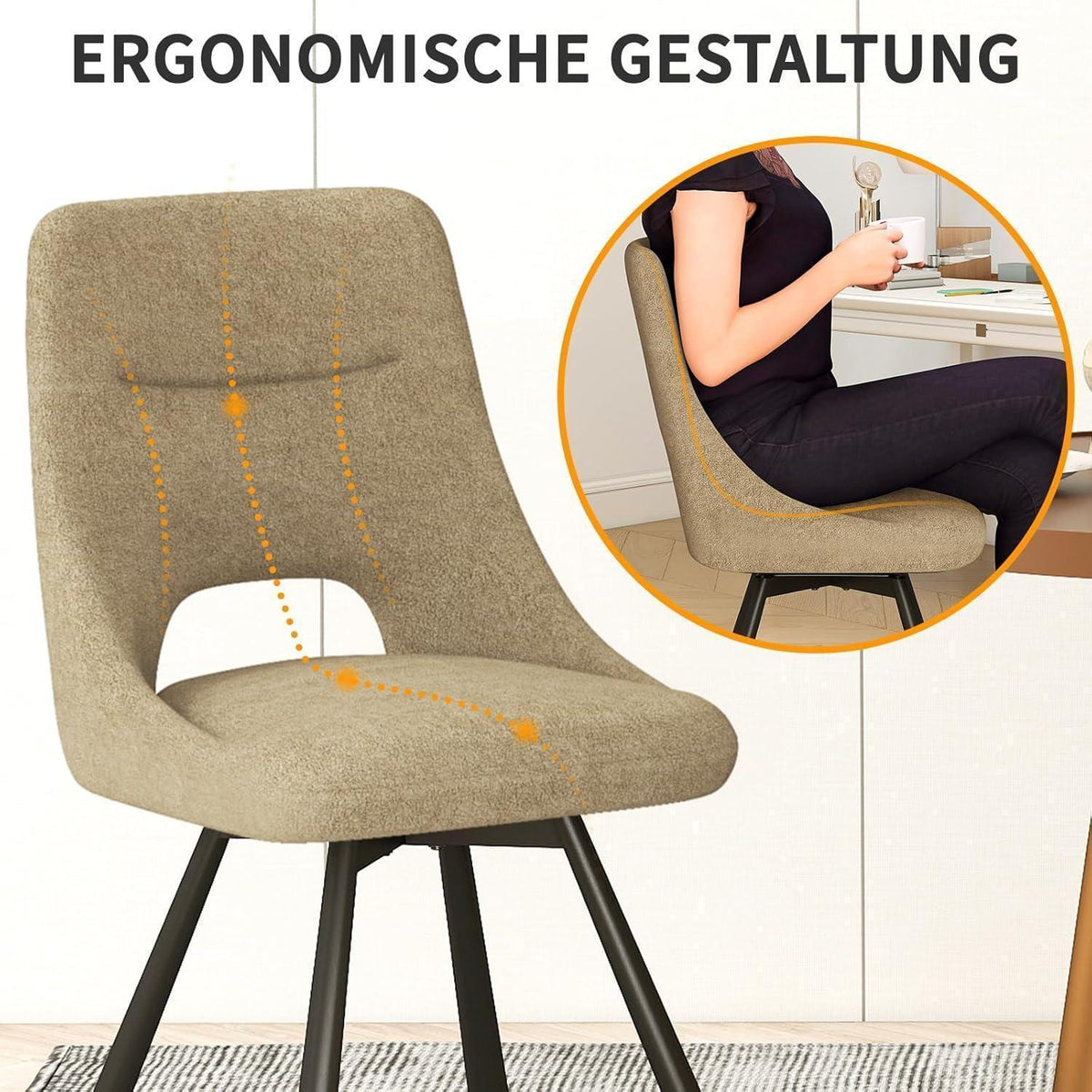 Drehbarer Esszimmerstuhl Set 6, Modern & Gepolstert, Khaki