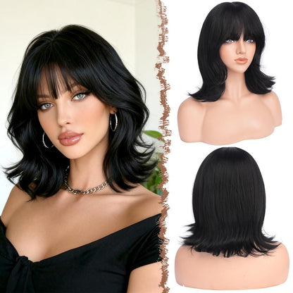 Bob Perücke mit Pony – Wellige Kurzhaar Perücke Schwarz