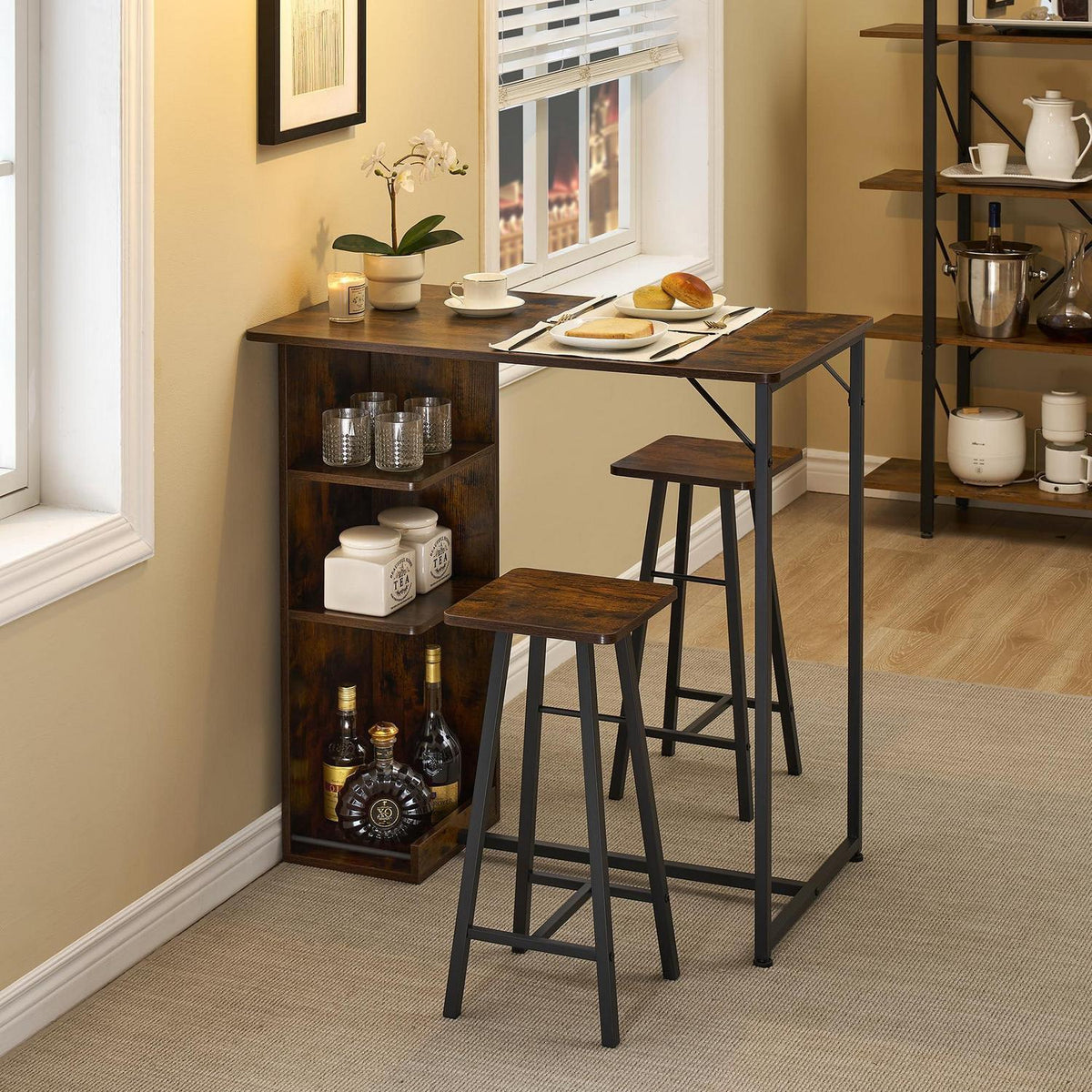 Litake Bartisch Set mit 2 Barhockern – Industrie-Stil Braun