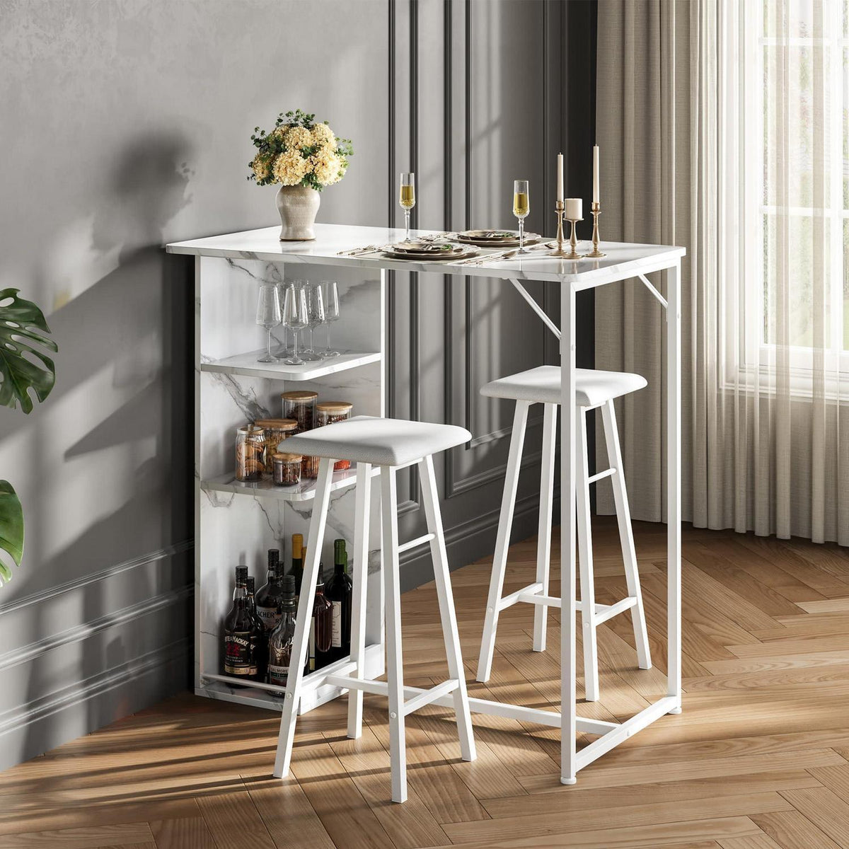Litake Bartisch Set mit Barhocker – Industrie-Stil Weiß