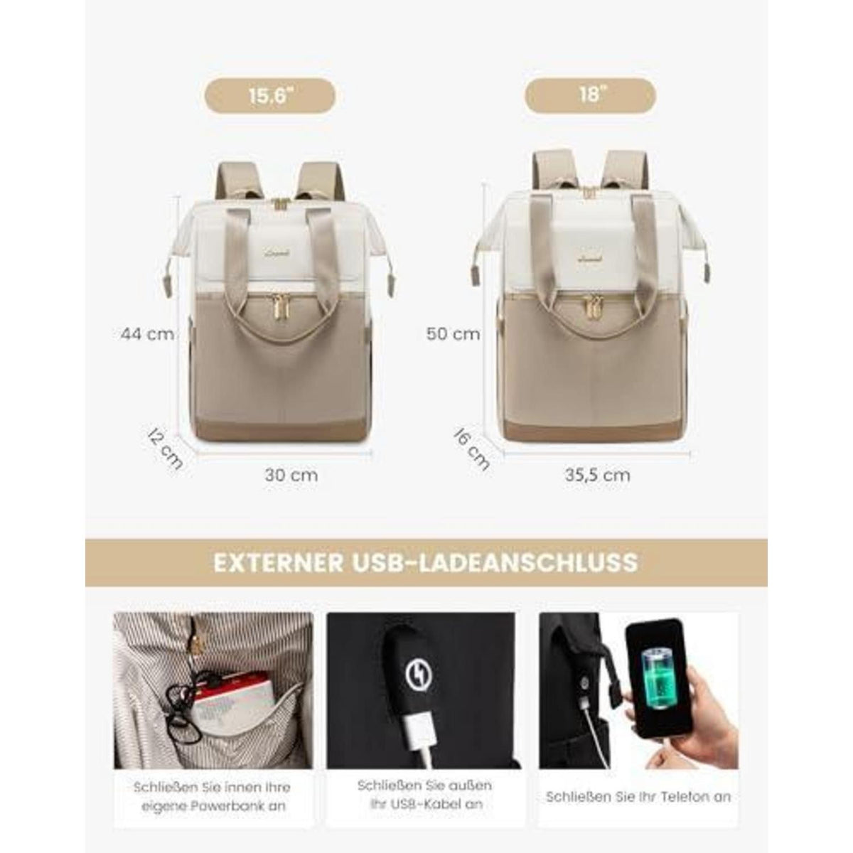 Damen Rucksack 18 Zoll Laptop Schulrucksack Beige & Khaki