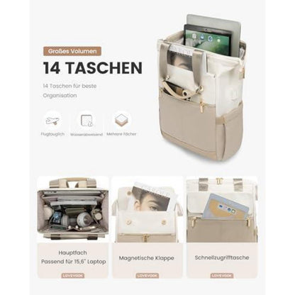 Damen Rucksack 18 Zoll Laptop Schulrucksack Beige & Khaki
