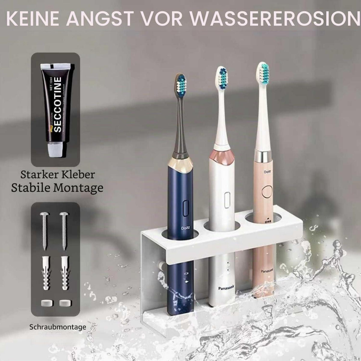 Elektrischer Zahnbürstenhalter Wand Edelstahl 3-Loch Weiß
