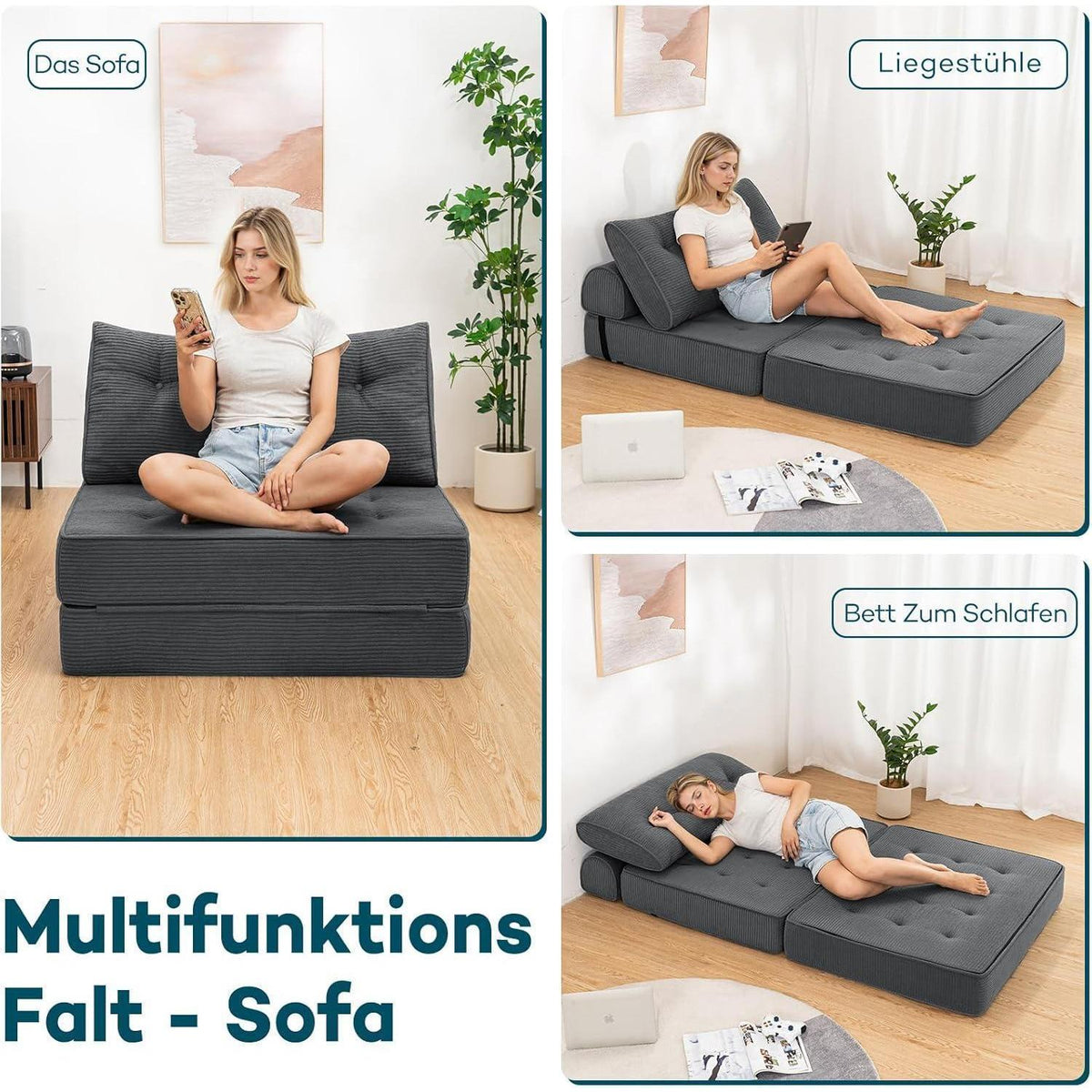 Faltbares Schlafsofa 3-in-1 – Schlafsessel & Gästebett Grau