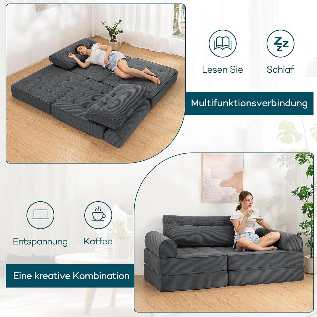 Faltbares Schlafsofa 3-in-1 – Schlafsessel & Gästebett Grau