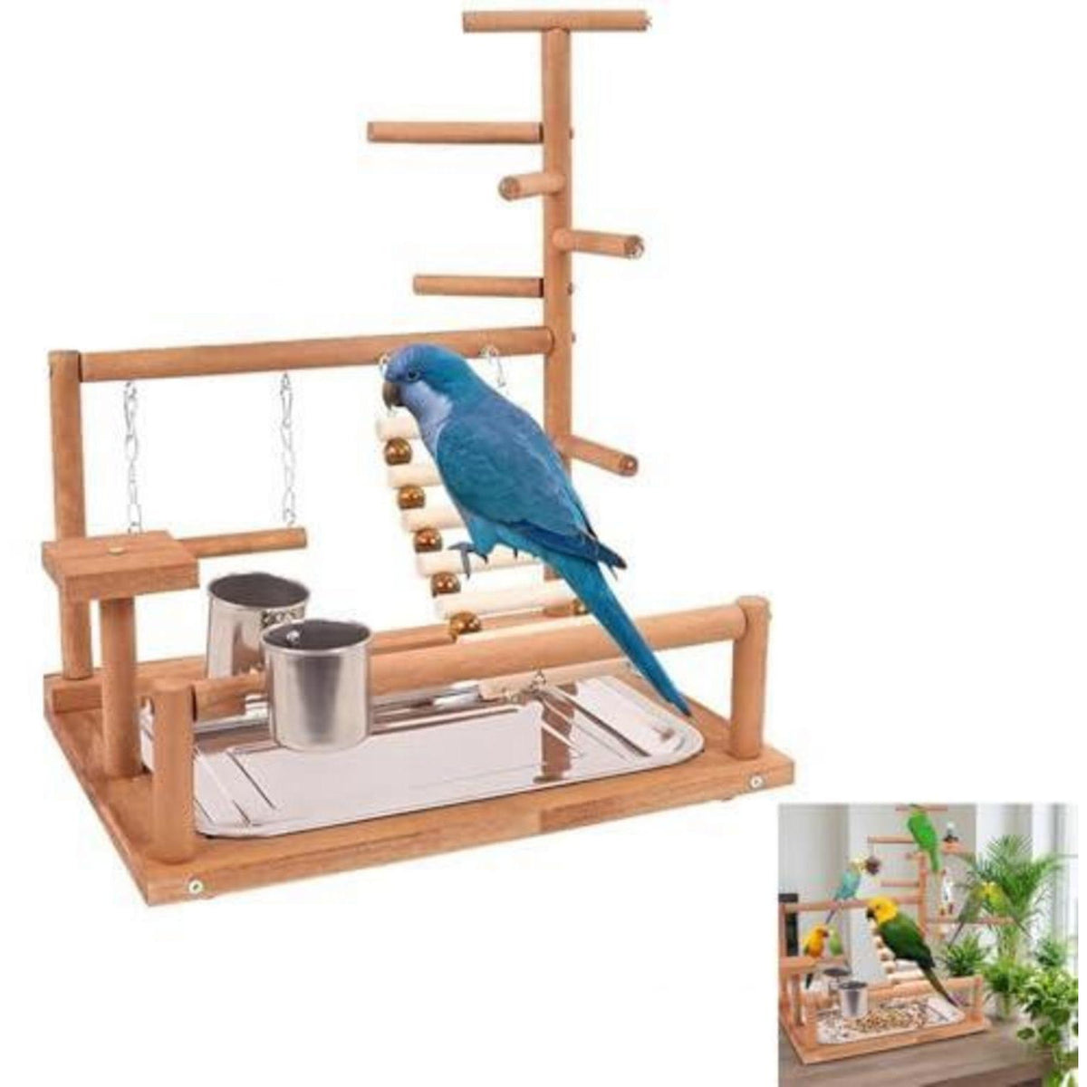 Holz-Vogelspielplatz mit Zubehör – Spielwiese für Wellensittiche