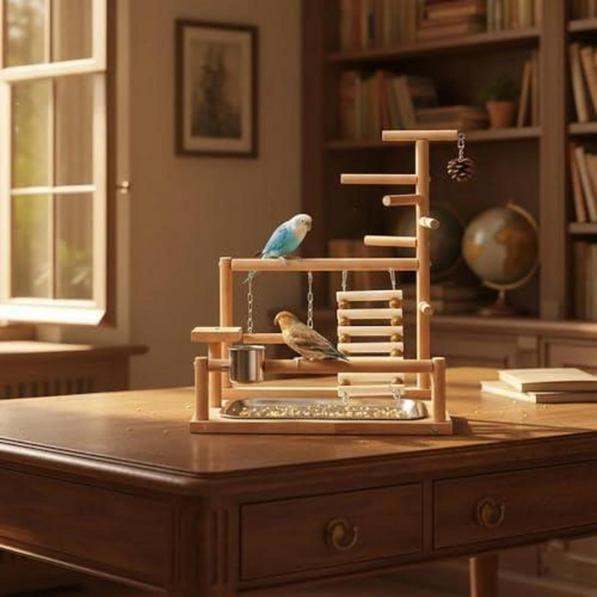 Holz-Vogelspielplatz mit Zubehör – Spielwiese für Wellensittiche