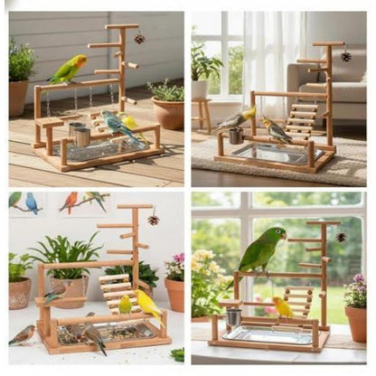 Holz-Vogelspielplatz mit Zubehör – Spielwiese für Wellensittiche