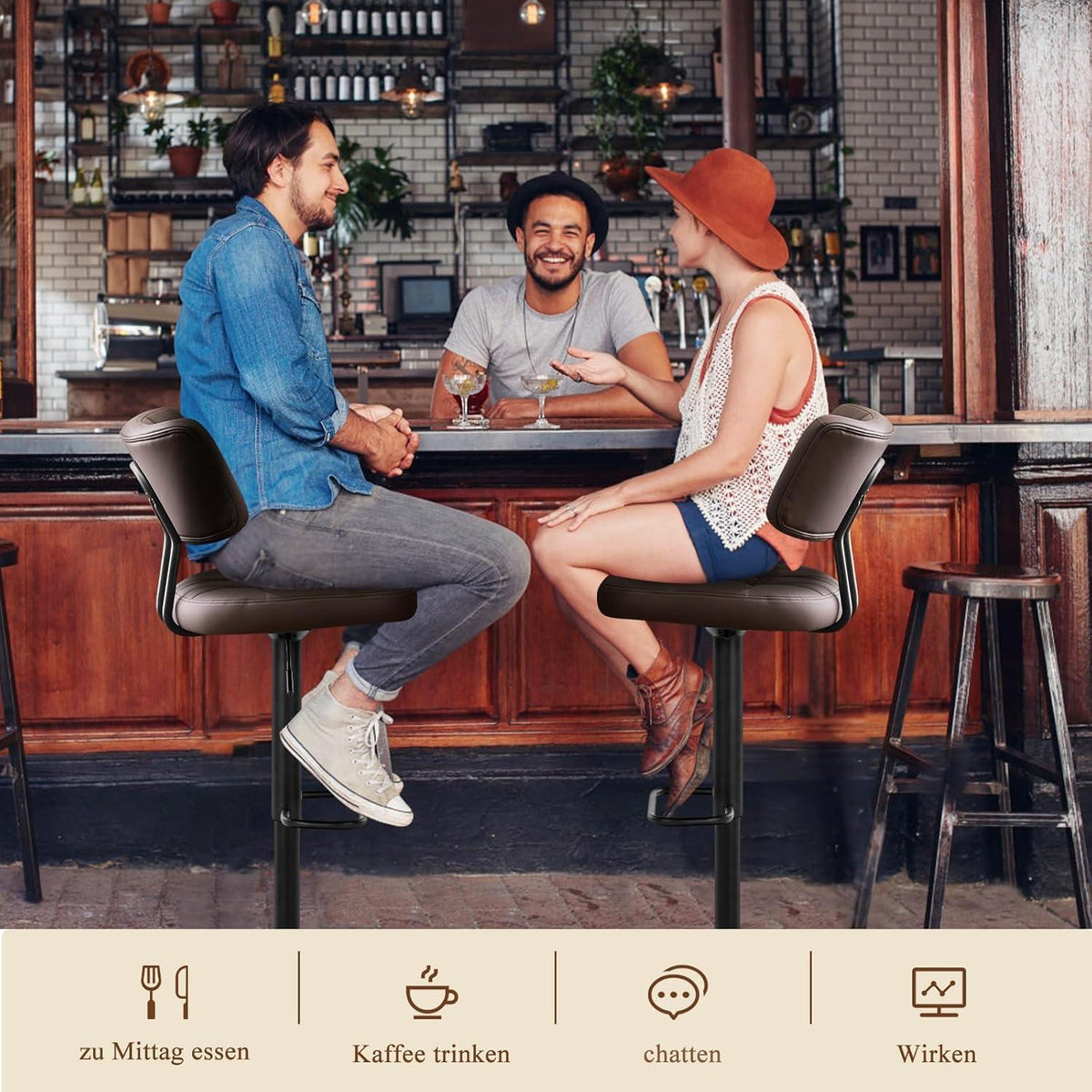 Höhenverstellbarer Barhocker mit Fußstütze – Braun, 3er-Set