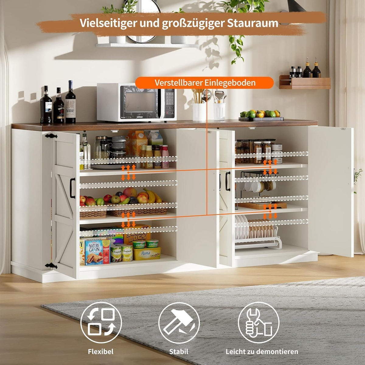 Weißes Sideboard mit 4 Türen & Verstellregalen (160x40x85)