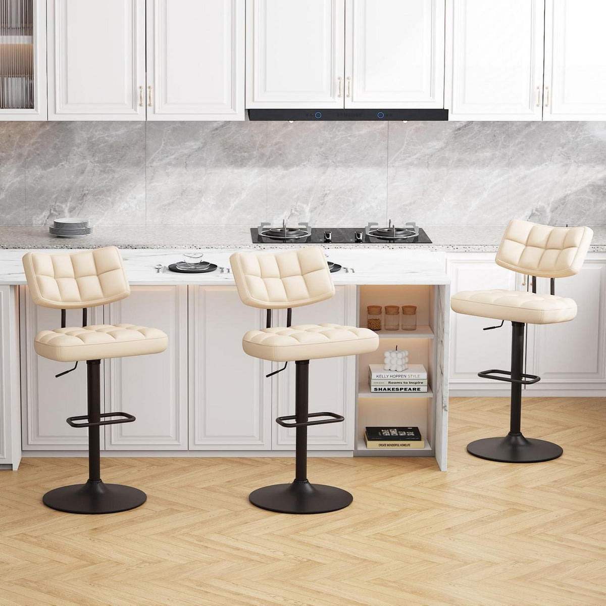 Barhocker Set 3er – Höhenverstellbar, Beige in Lederoptik
