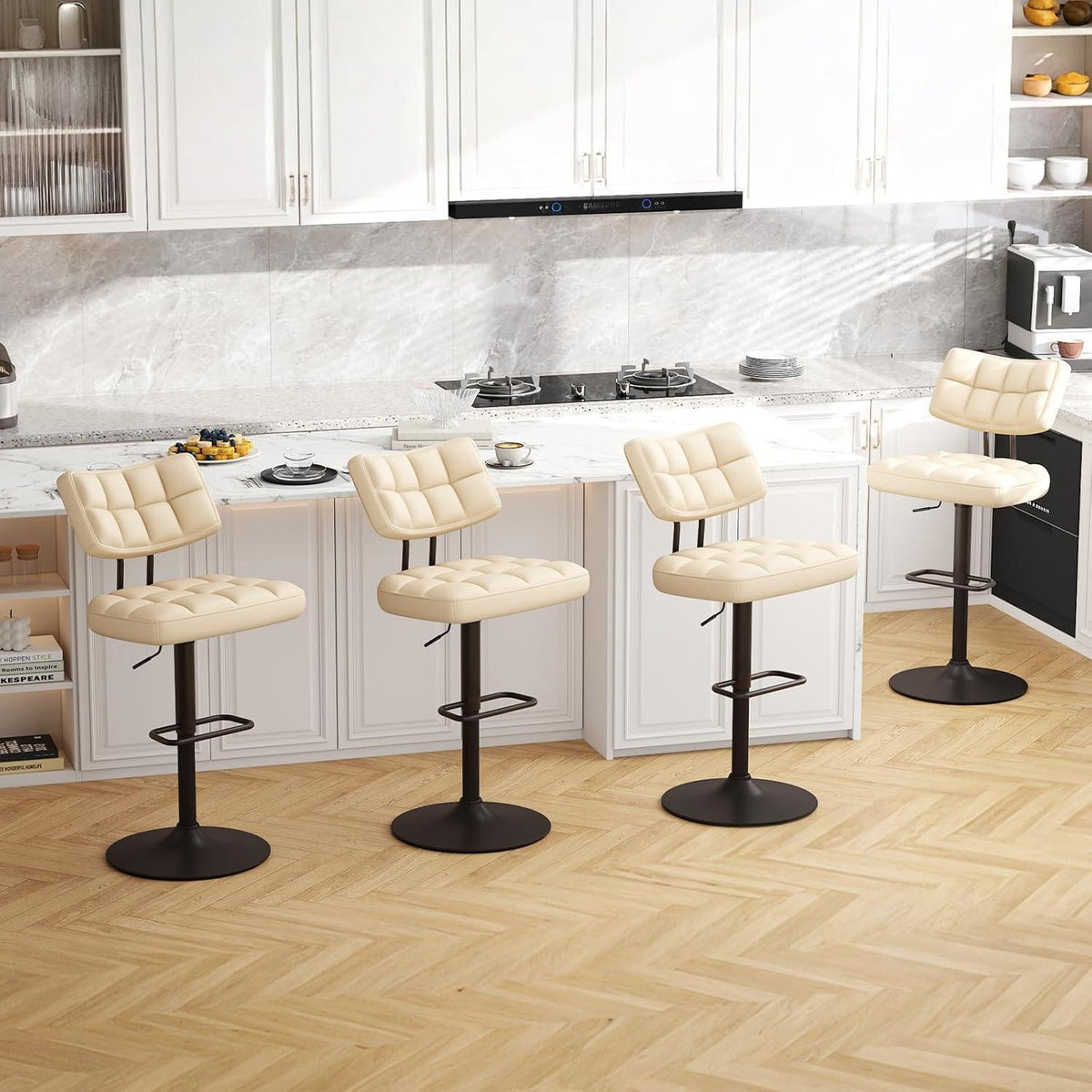 Barhocker Set 3er – Höhenverstellbar, Beige in Lederoptik