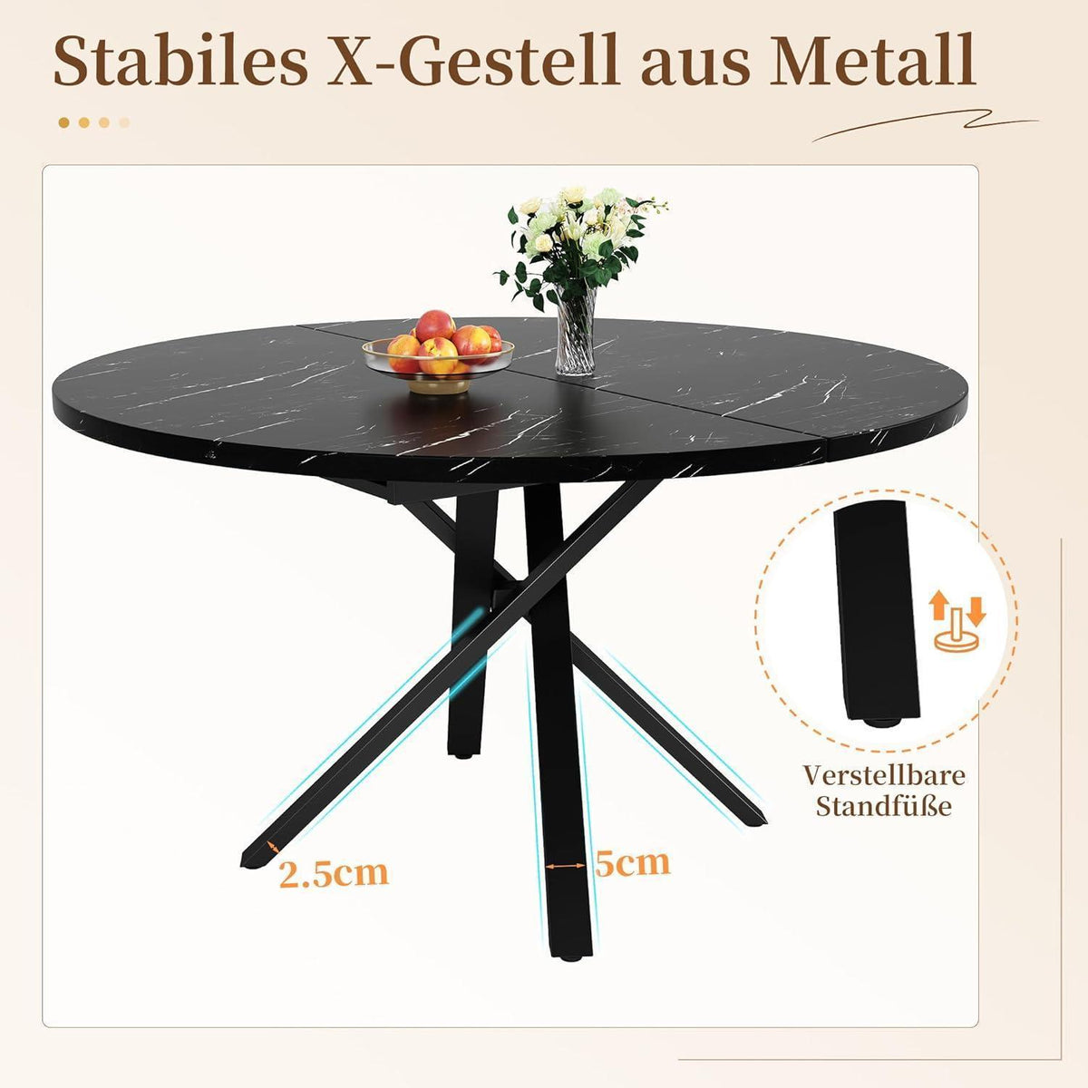 Runder Esstisch Set (100-140cm) mit 4 Velours Stühlen Beige