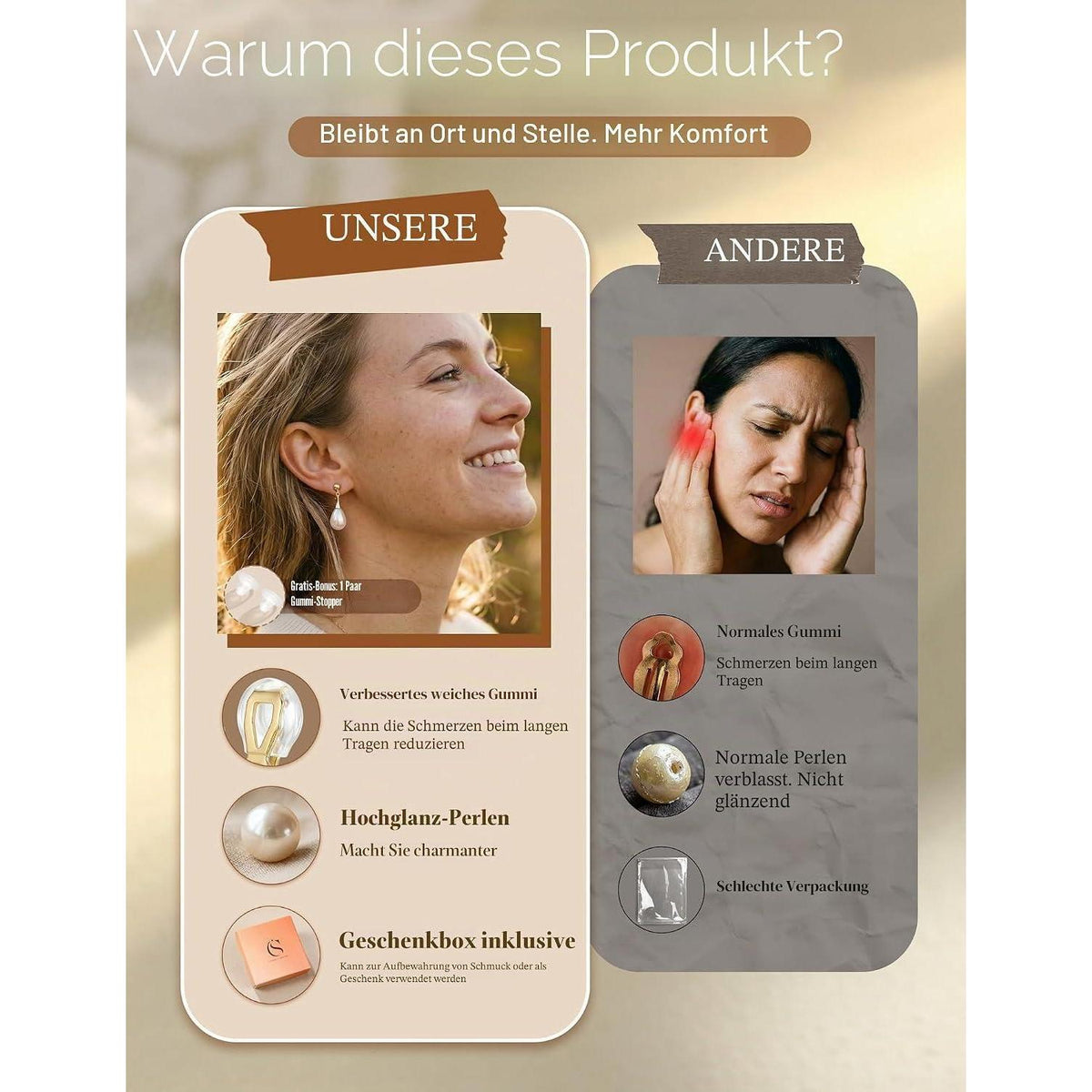 Ohrclips Damen 14K Gold Perlen Zirkonia Ohne Ohrlöcher