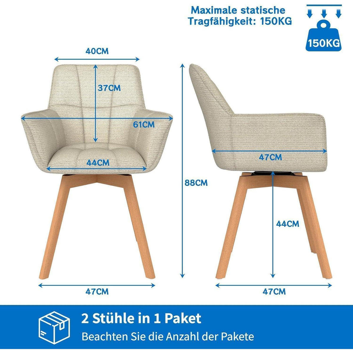 2er Set Esszimmerstühle drehbar, Beige, Samt & Holz