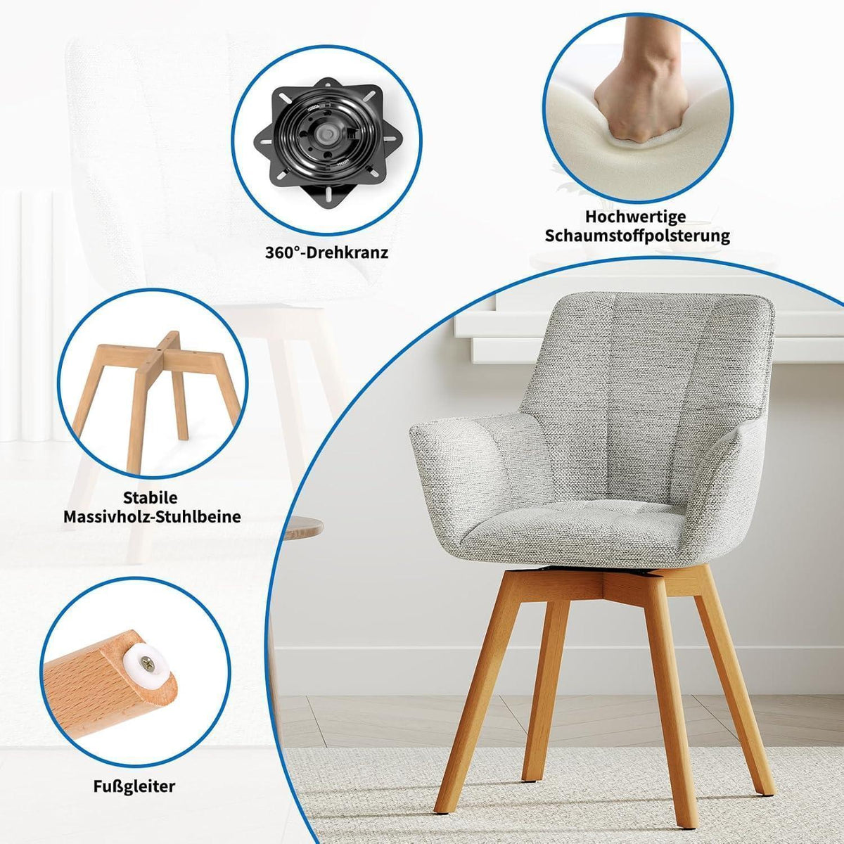 2er Set Esszimmerstühle drehbar, Samt, Hellgrau