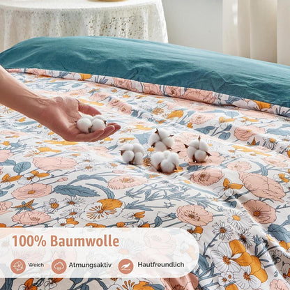 Baumwoll Bettwäsche-Set Blumenmuster 240x220cm + 50x80cm