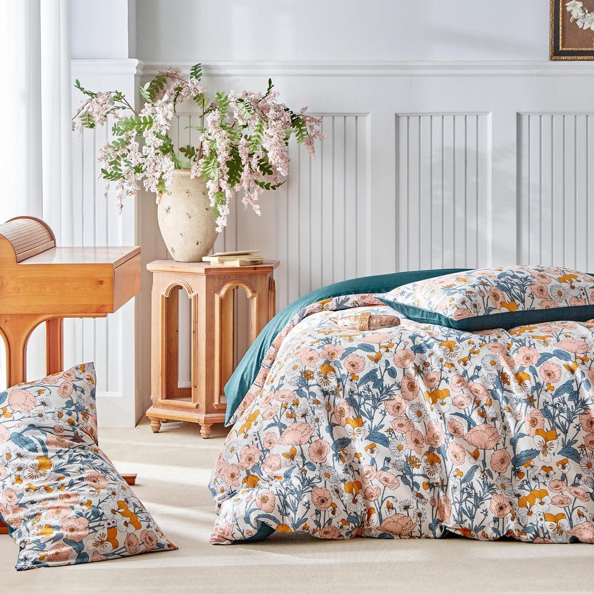 Baumwoll Bettwäsche-Set Blumenmuster 240x220cm + 50x80cm