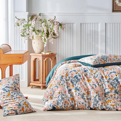 Baumwoll Bettwäsche-Set Blumenmuster 240x220cm + 50x80cm