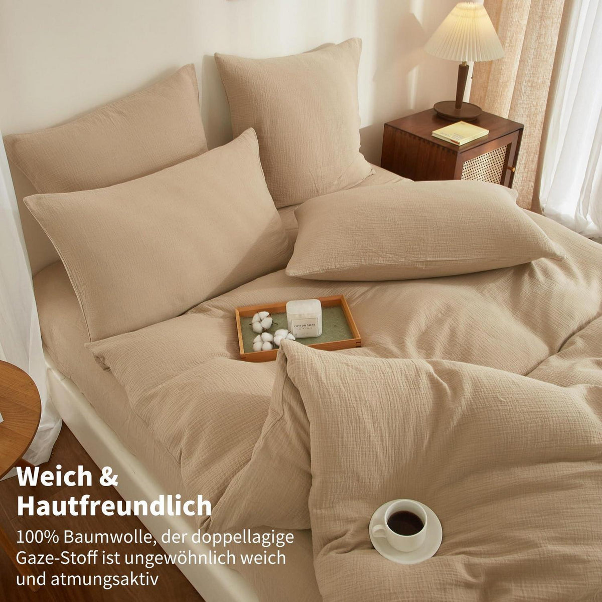 Doppelte Muslin Bettwäsche 220x240 Khaki Beige – 3-teilig