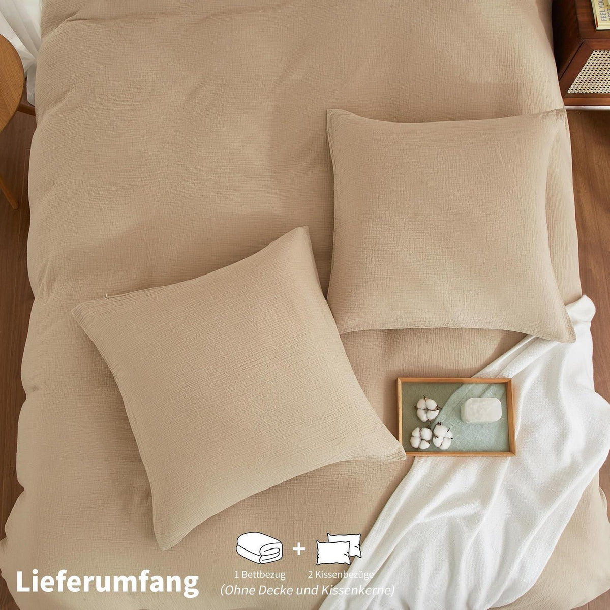 Doppelte Muslin Bettwäsche 220x240 Khaki Beige – 3-teilig