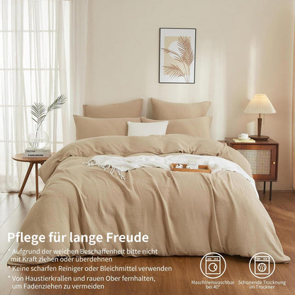 Doppelte Muslin Bettwäsche 220x240 Khaki Beige – 3-teilig