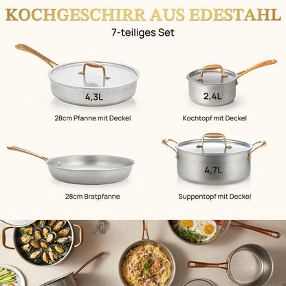 7-teiliges Edelstahl Pfannenset Retro Induktion mit Deckel