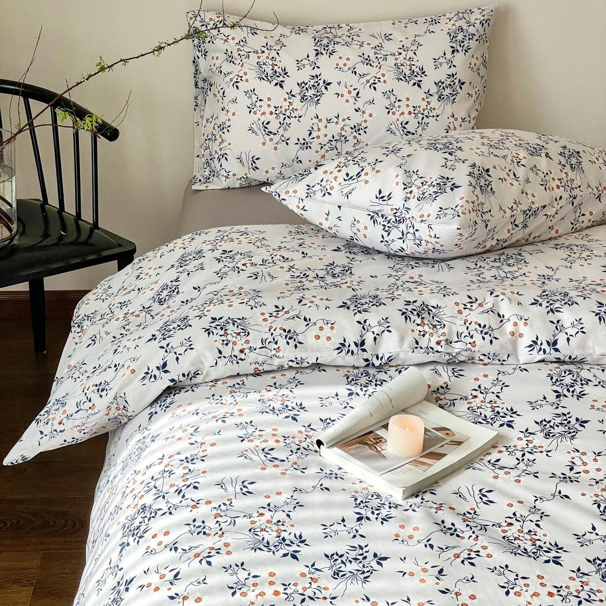 Blumen Bettwäsche Set 220x240 cm Baumwolle Weiß Blau 3tlg.