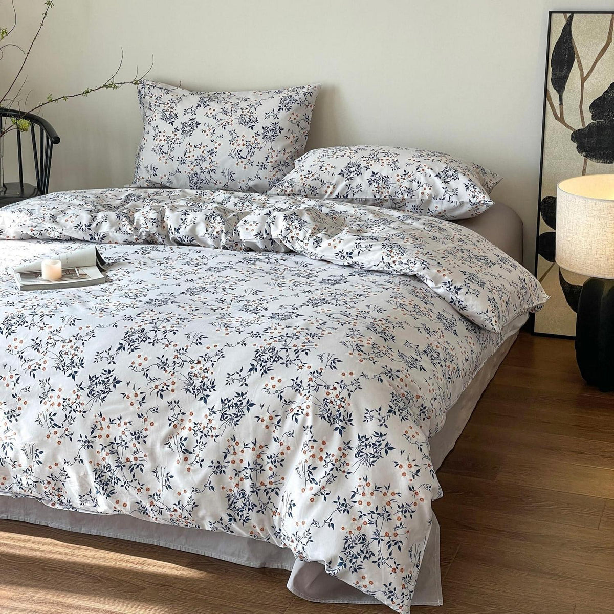 Blumen Bettwäsche Set 200x220 cm Weiß Blau 3tlg. Baumwolle