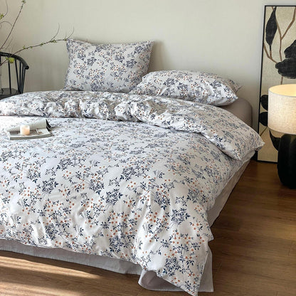 Blumen Bettwäsche Set 200x220 cm Weiß Blau 3tlg. Baumwolle
