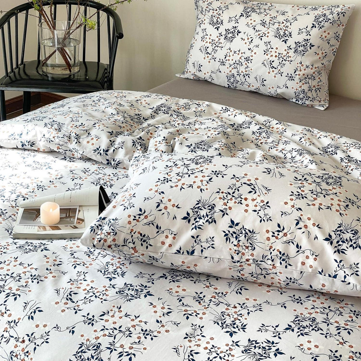 Blumen Bettwäsche Set 200x220 cm Weiß Blau 3tlg. Baumwolle
